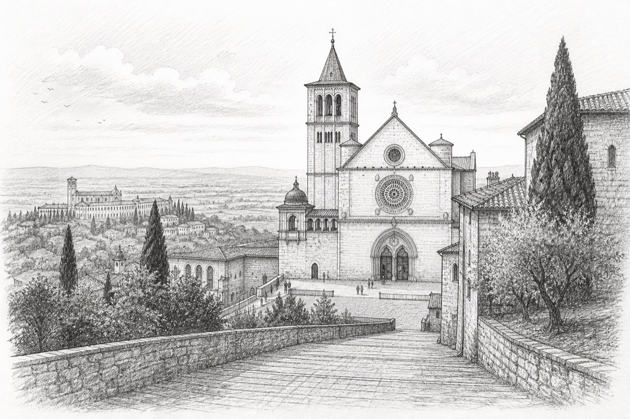 Hand-drawn pencil travel sketch for Assisi, Italy