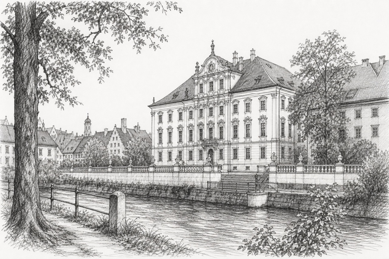 Hand-drawn pencil travel sketch for Augsburg, Germany