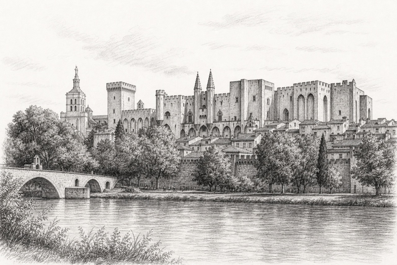 Hand-drawn pencil travel sketch for Avignon, France