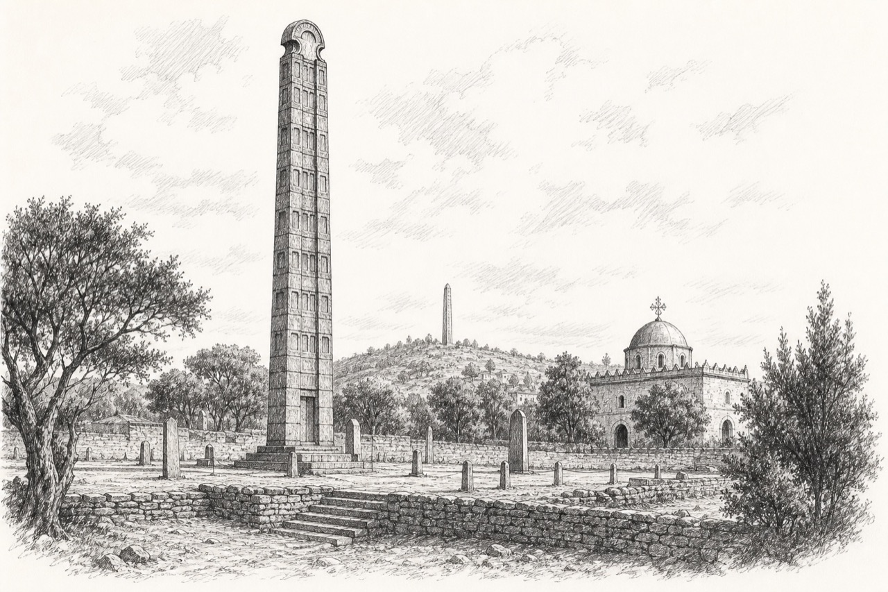 Hand-drawn pencil travel sketch for Axum, Ethiopia
