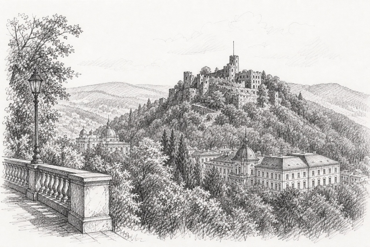 Hand-drawn pencil travel sketch for Baden-Baden, Germany