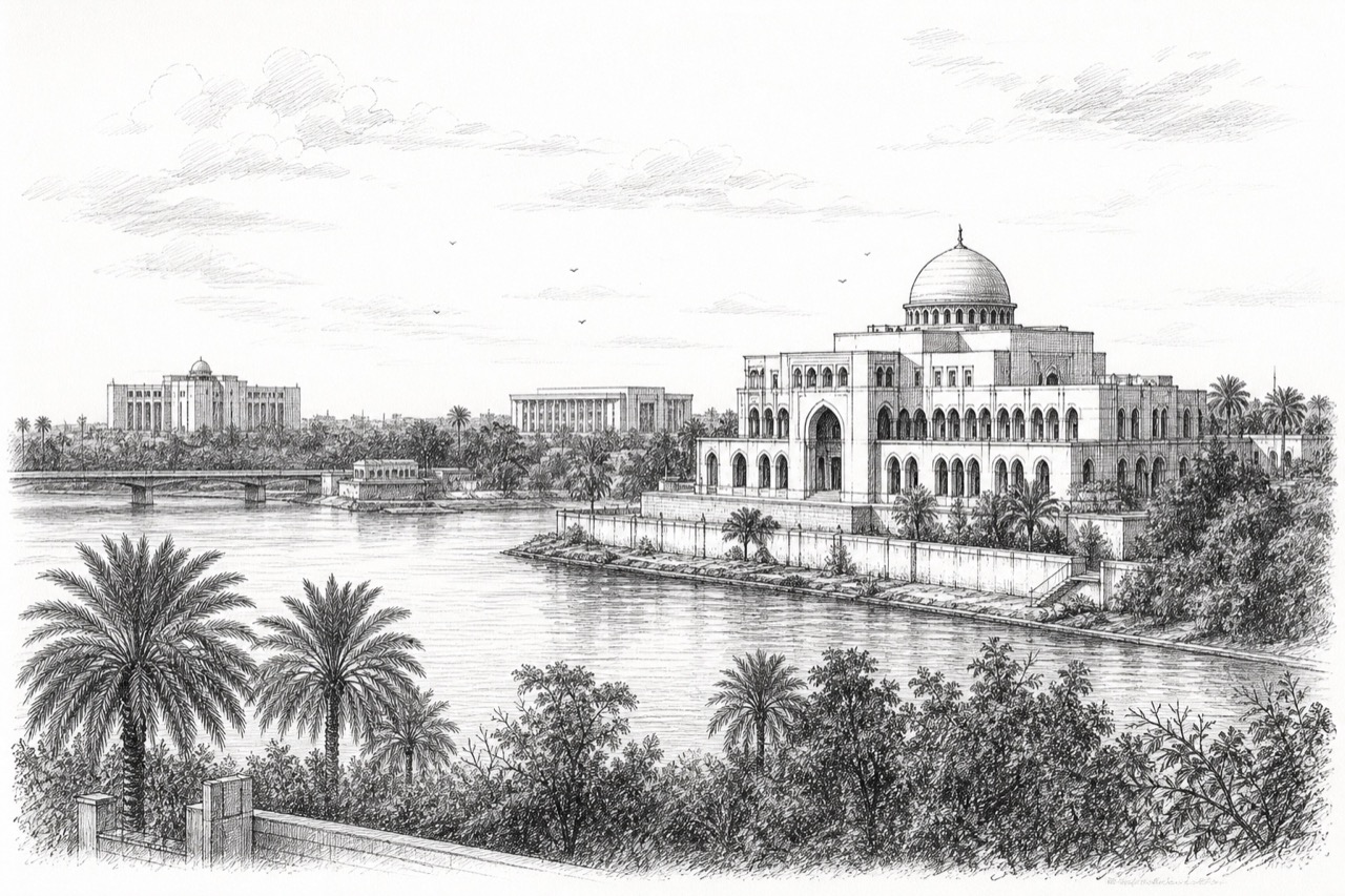Hand-drawn pencil travel sketch for Baghdad, Iraq