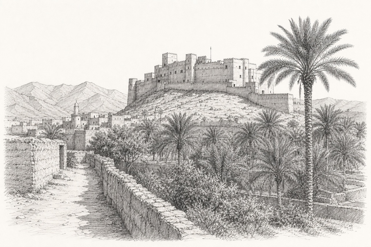 Hand-drawn pencil travel sketch for Bahla, Oman