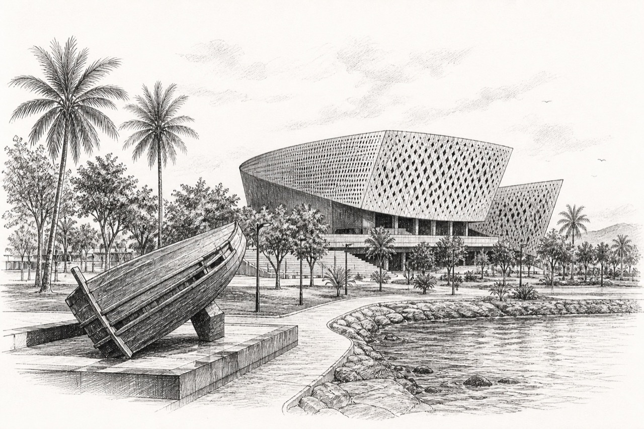 Hand-drawn pencil travel sketch for Baiturrahman, Indonesia