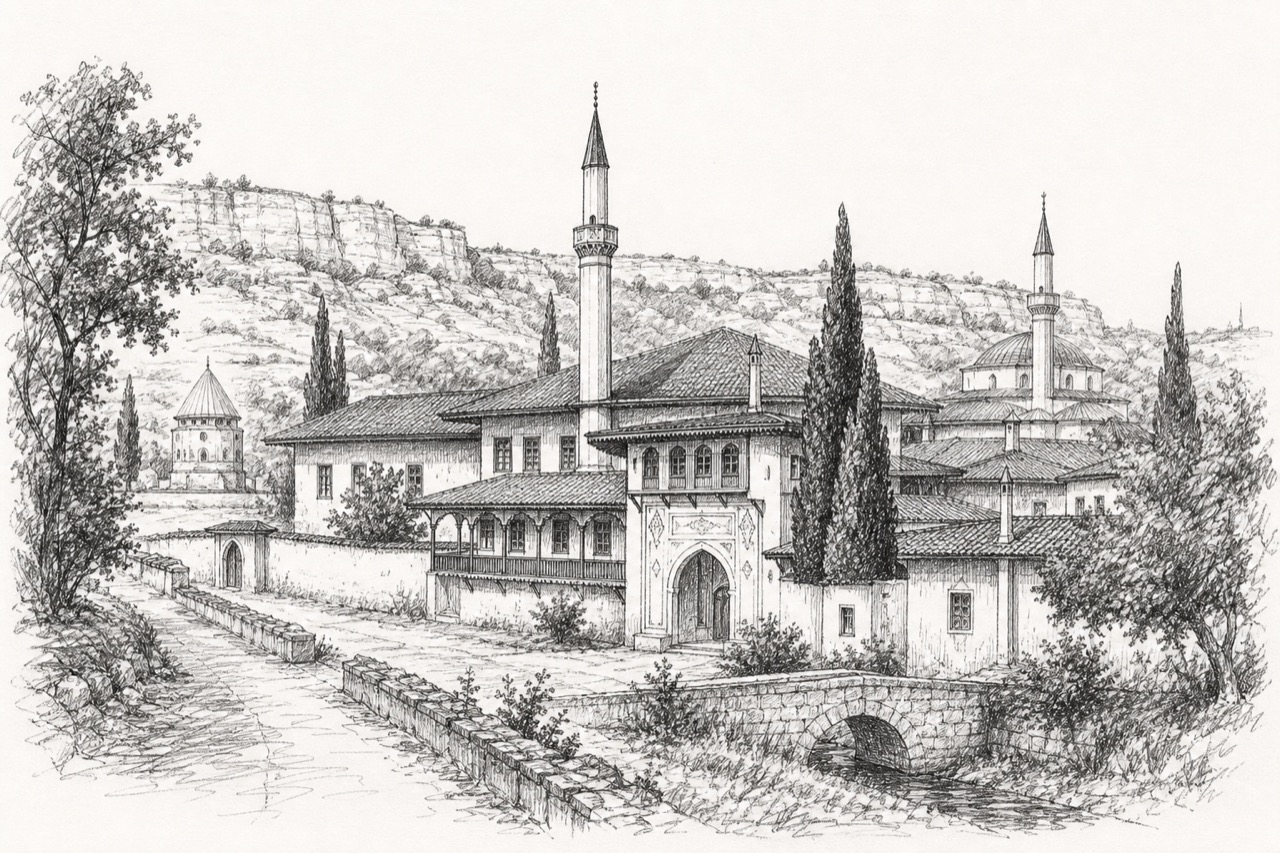 Hand-drawn pencil travel sketch for Bakhchysarai, Ukraine