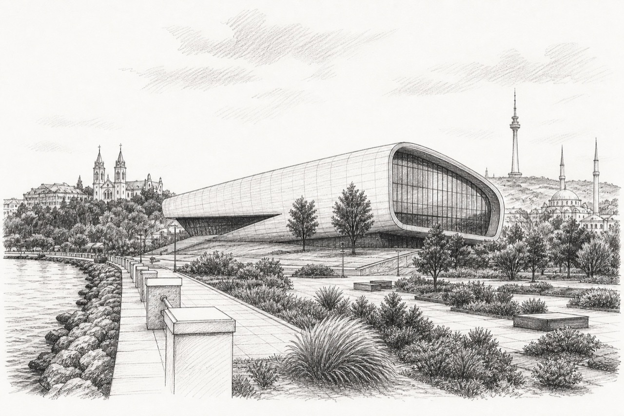 Hand-drawn pencil travel sketch for Baku, Azerbaijan