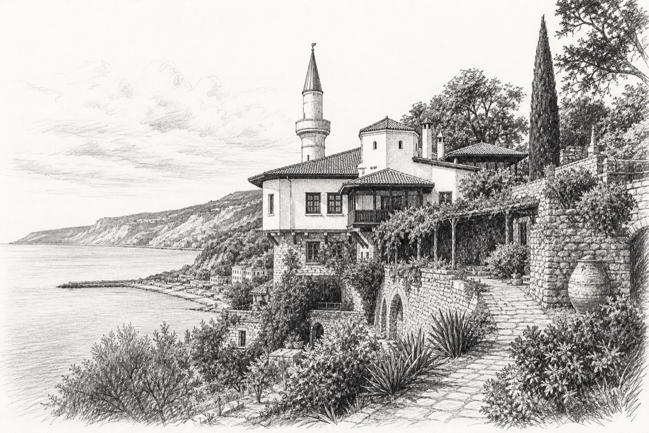 Hand-drawn pencil travel sketch for Balchik, Bulgaria