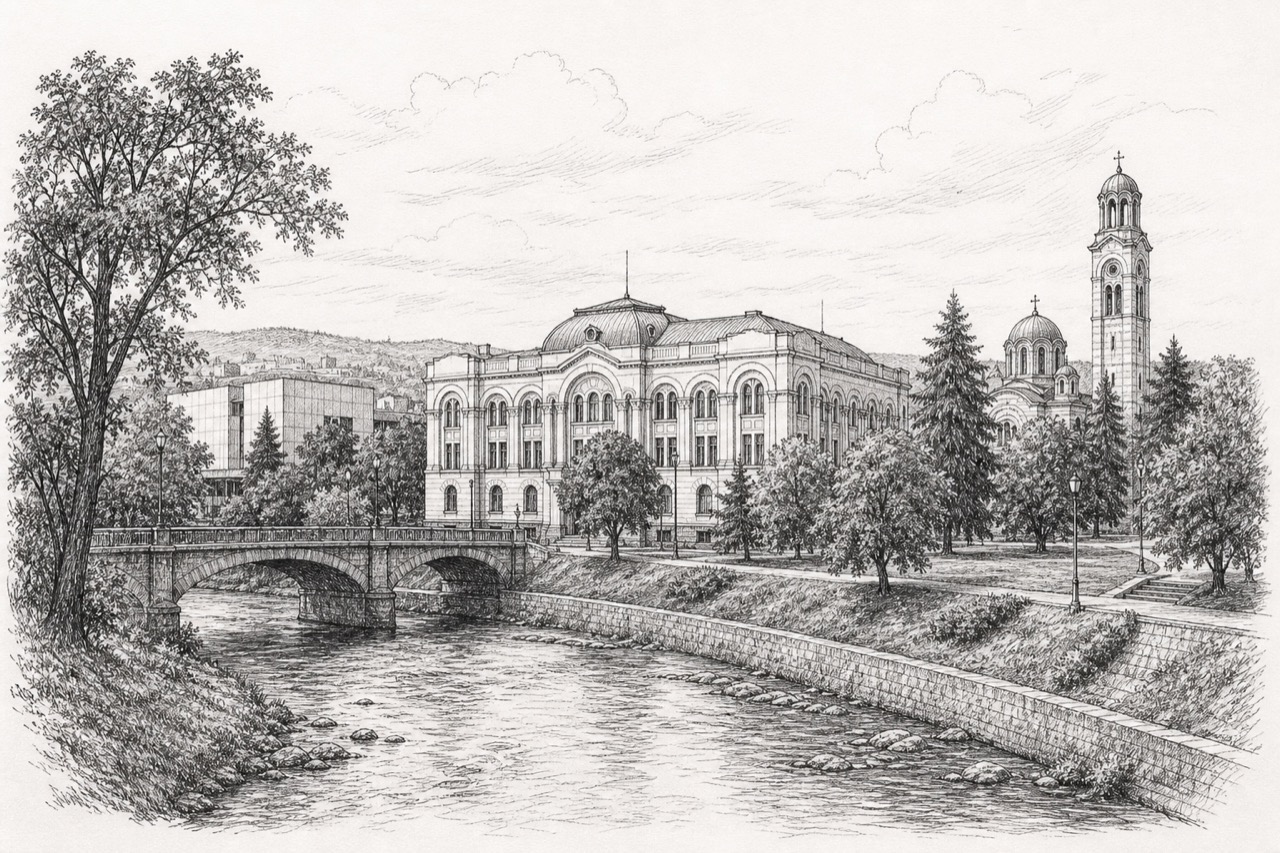 Hand-drawn pencil travel sketch for Banja Luka, Bosnia and Herzegovina