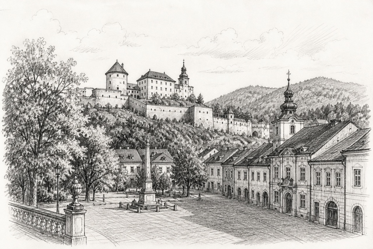 Hand-drawn pencil travel sketch for Banská Bystrica, Slovakia