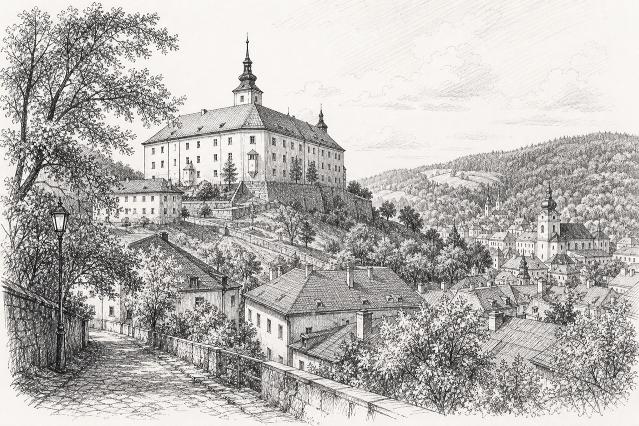 Hand-drawn pencil travel sketch for Banská Štiavnica, Slovakia