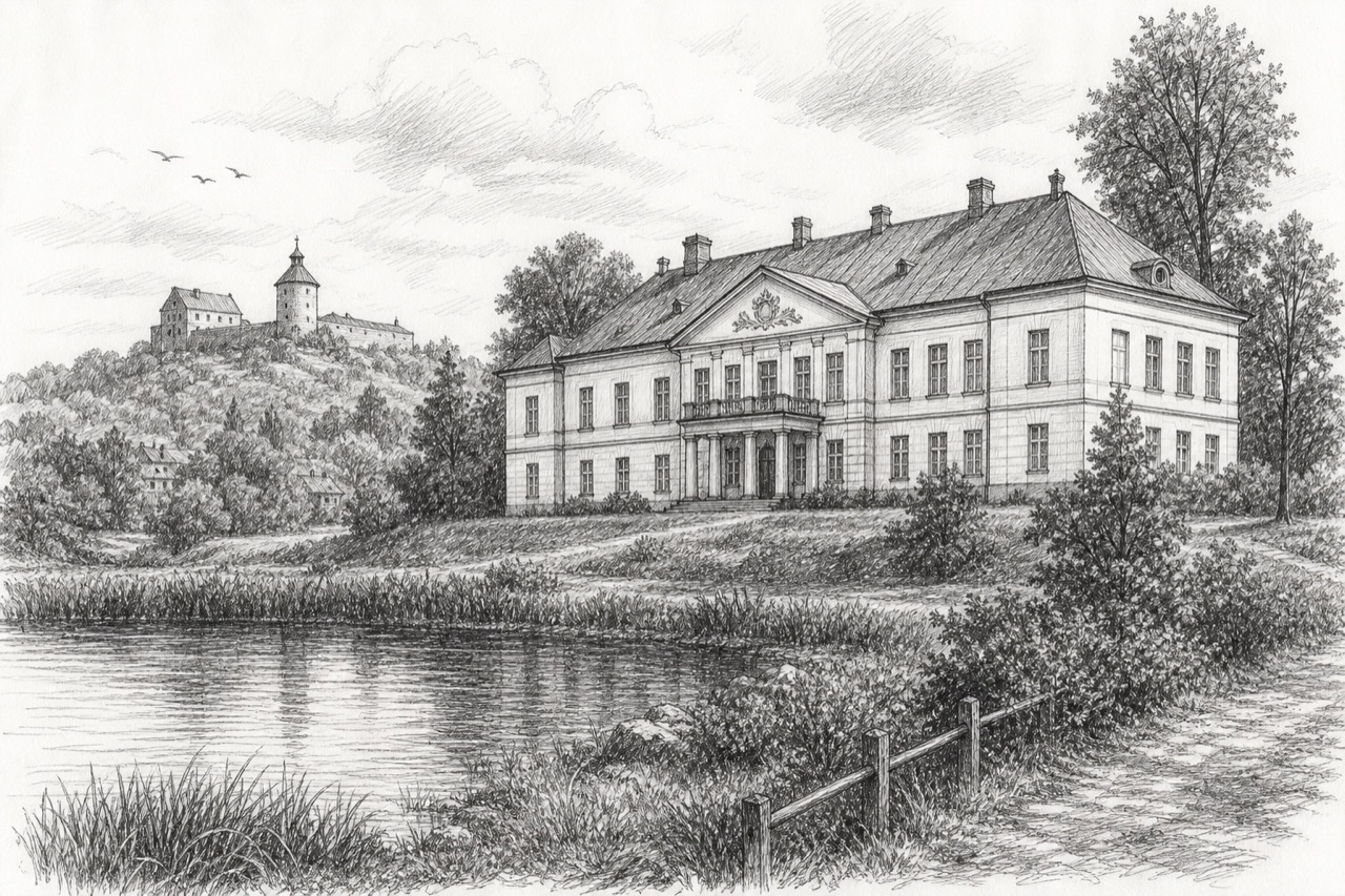 Hand-drawn pencil travel sketch for Barciany, Poland