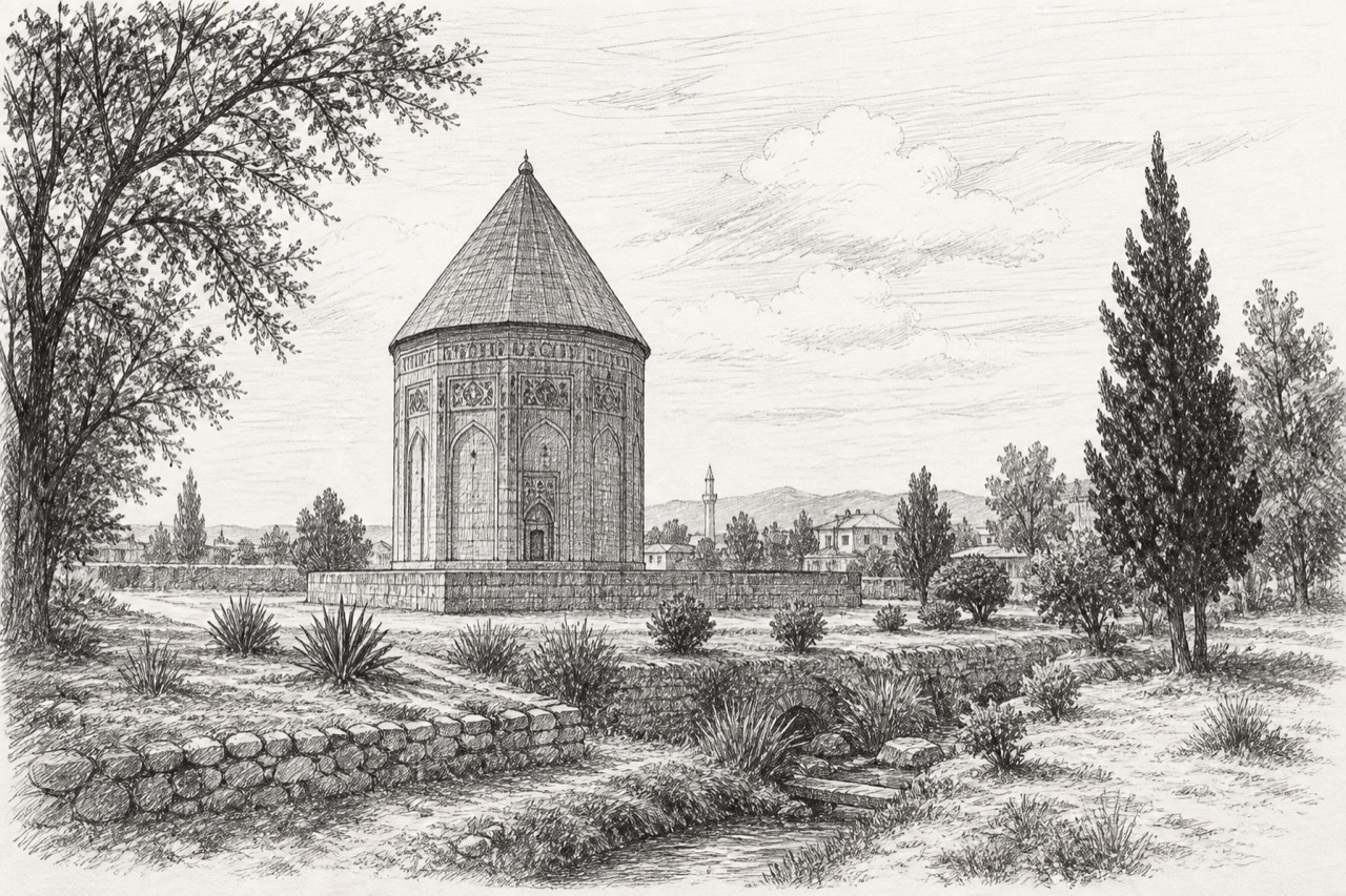Hand-drawn pencil travel sketch for Barda, Azerbaijan