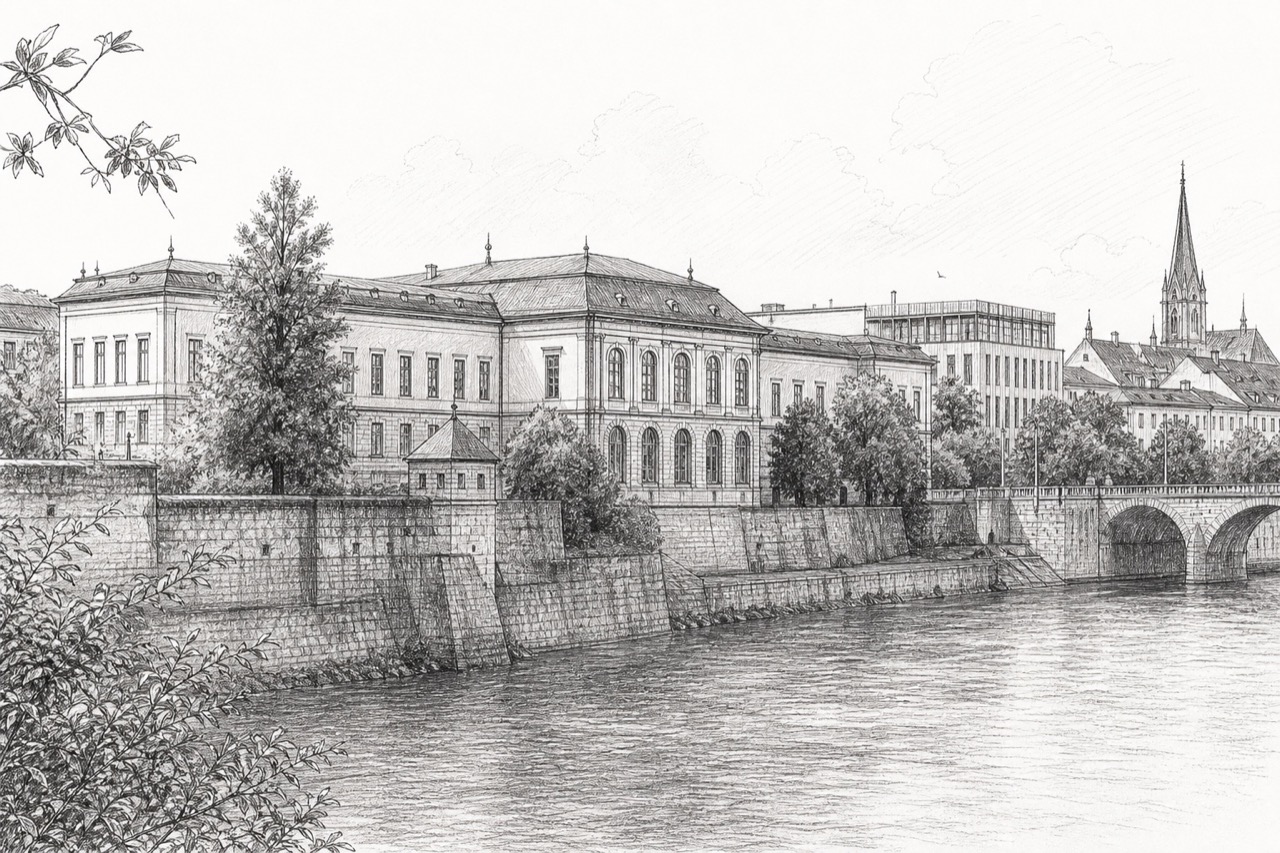 Hand-drawn pencil travel sketch for Basel, Switzerland