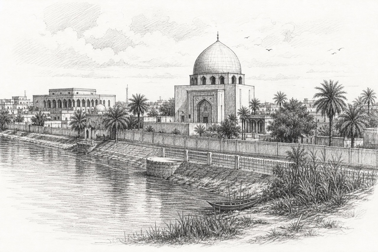 Hand-drawn pencil travel sketch for Basra, Iraq