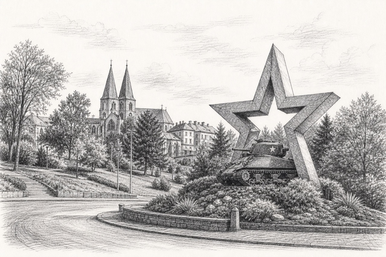 Hand-drawn pencil travel sketch for Bastogne, Belgium