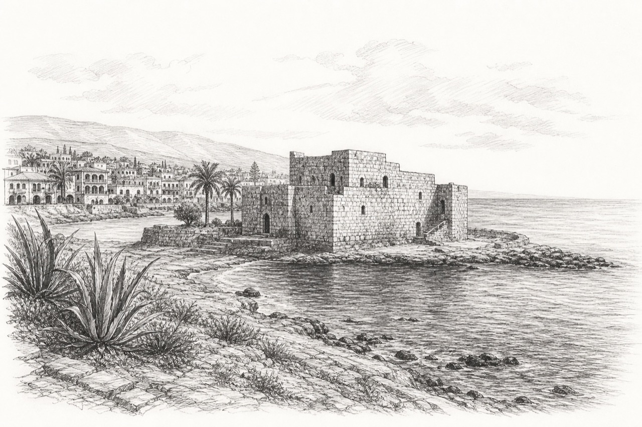 Hand-drawn pencil travel sketch for Batroun, Lebanon