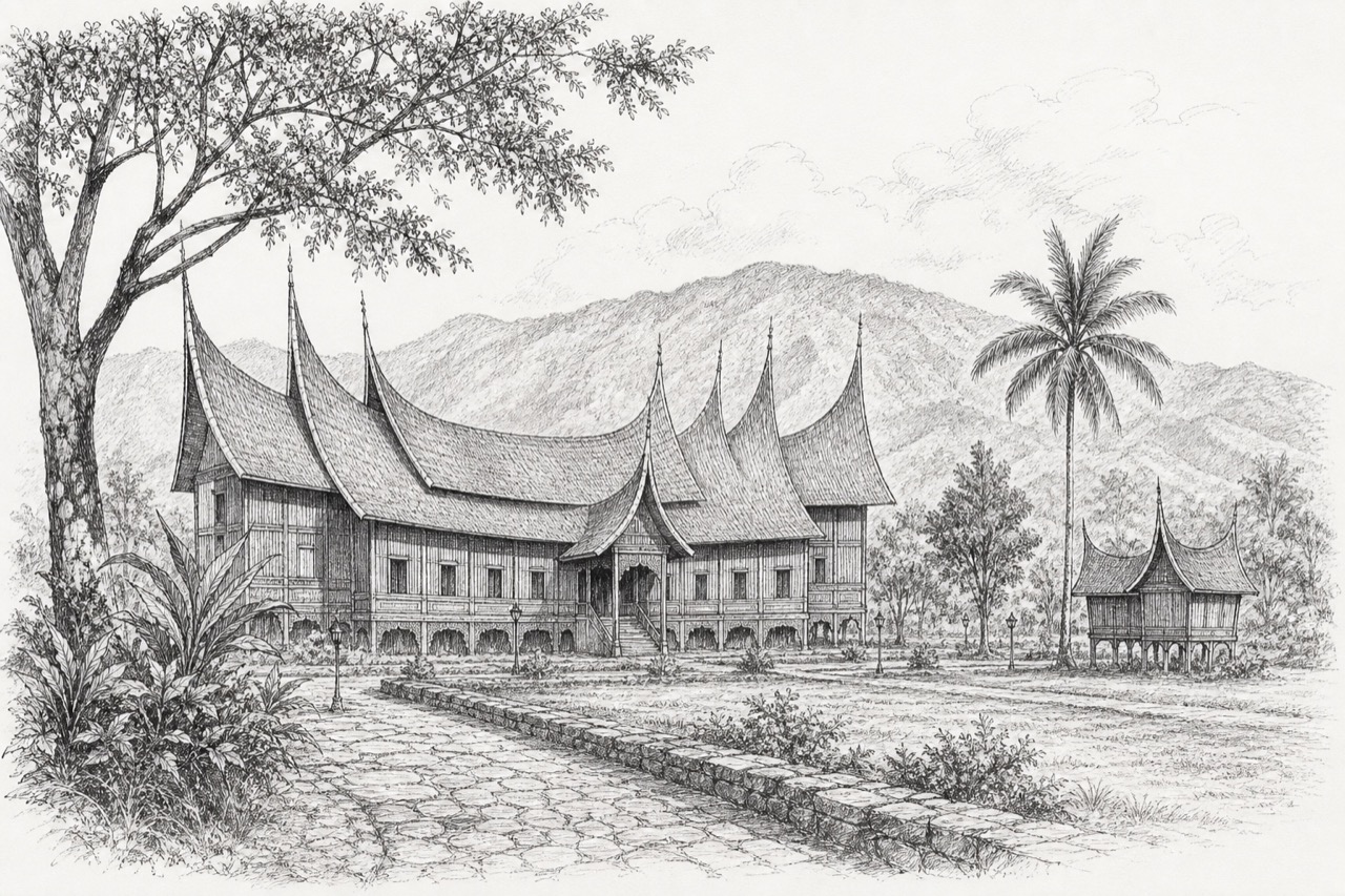 Hand-drawn pencil travel sketch for Batusangkar, Indonesia