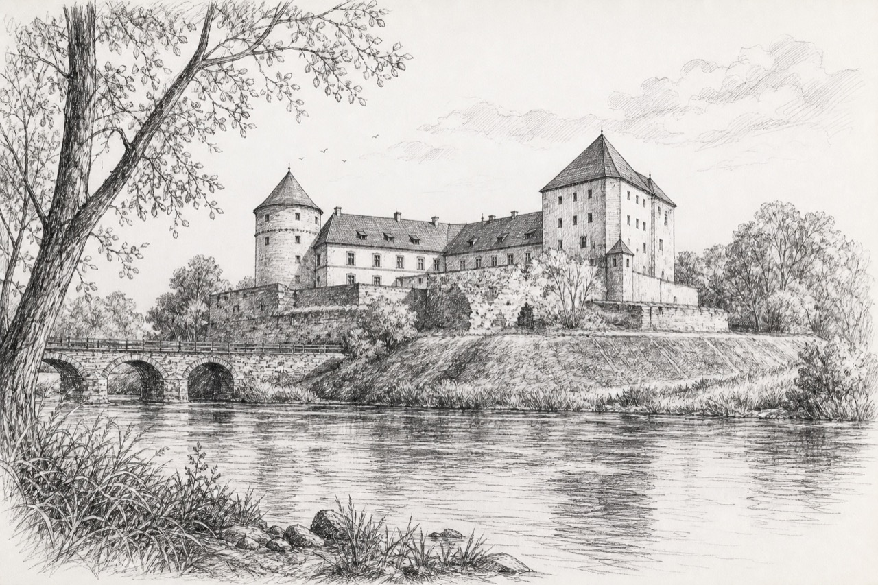 Hand-drawn pencil travel sketch for Bauska, Latvia