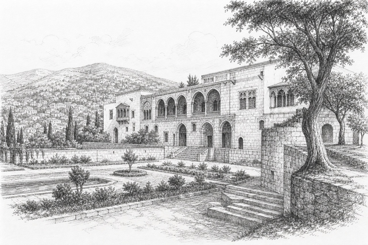 Hand-drawn pencil travel sketch for Beit ed-Dine, Lebanon