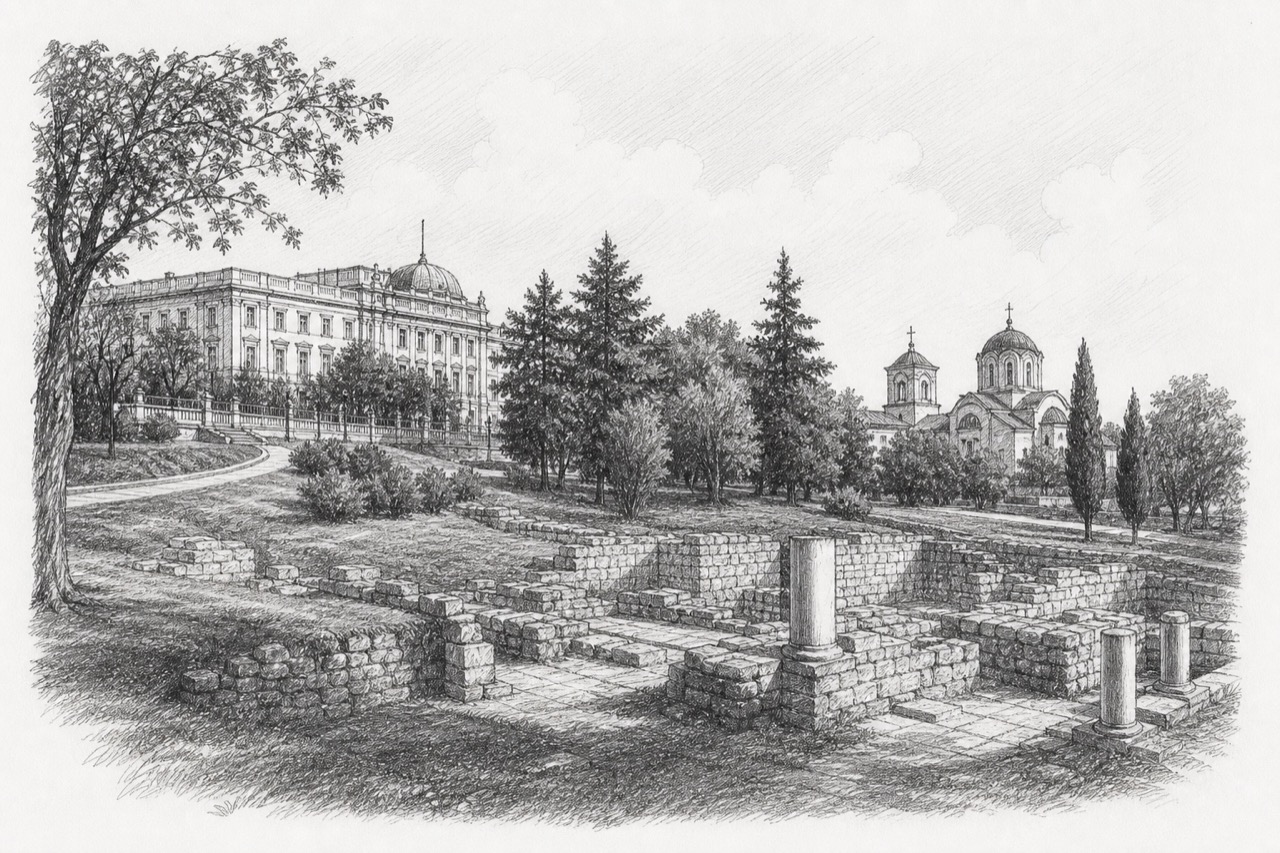 Hand-drawn pencil travel sketch for Belgrade, Serbia