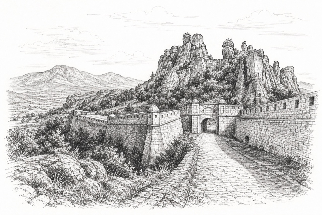 Hand-drawn pencil travel sketch for Belogradchik, Bulgaria