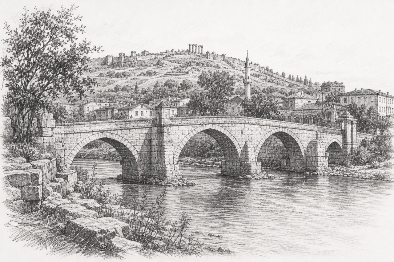 Hand-drawn pencil travel sketch for Bergama, Turkey