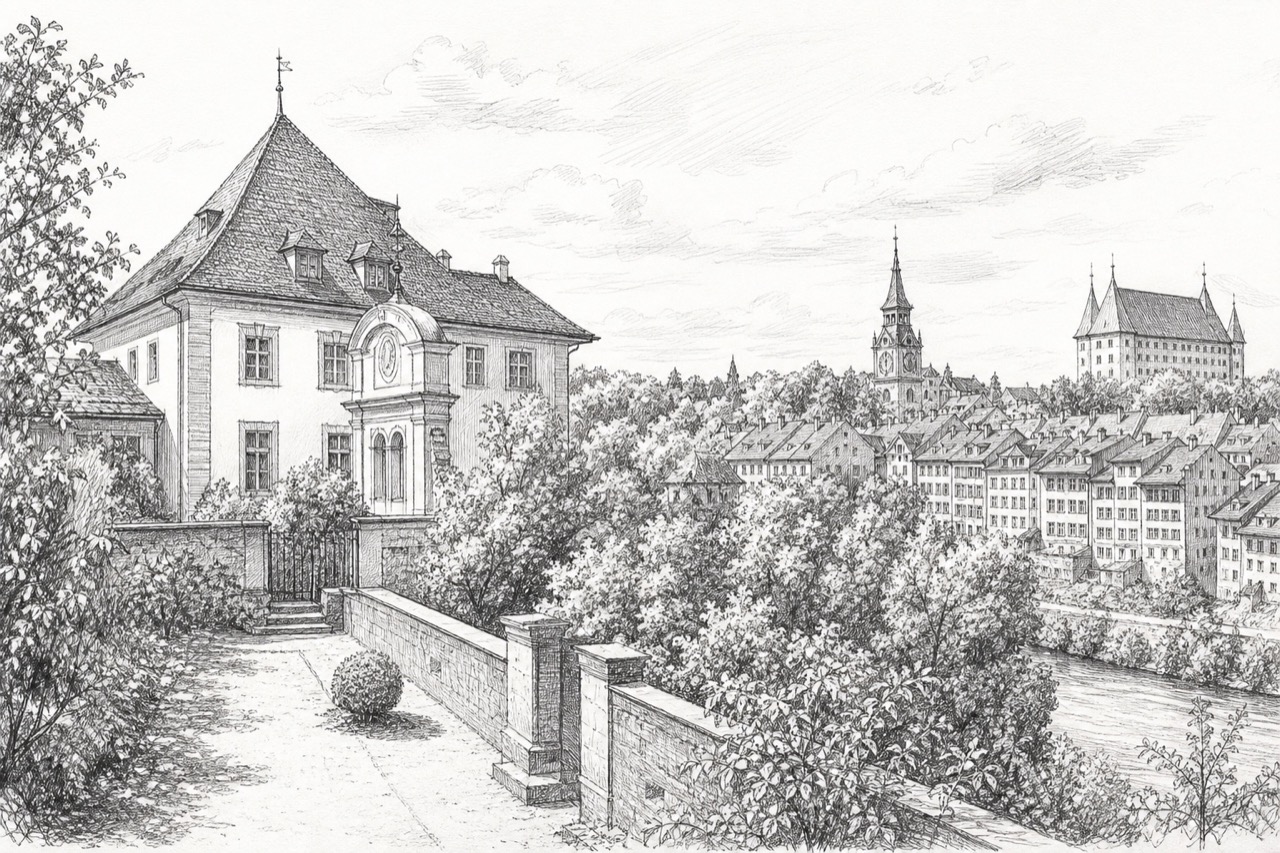 Hand-drawn pencil travel sketch for Bern, Switzerland