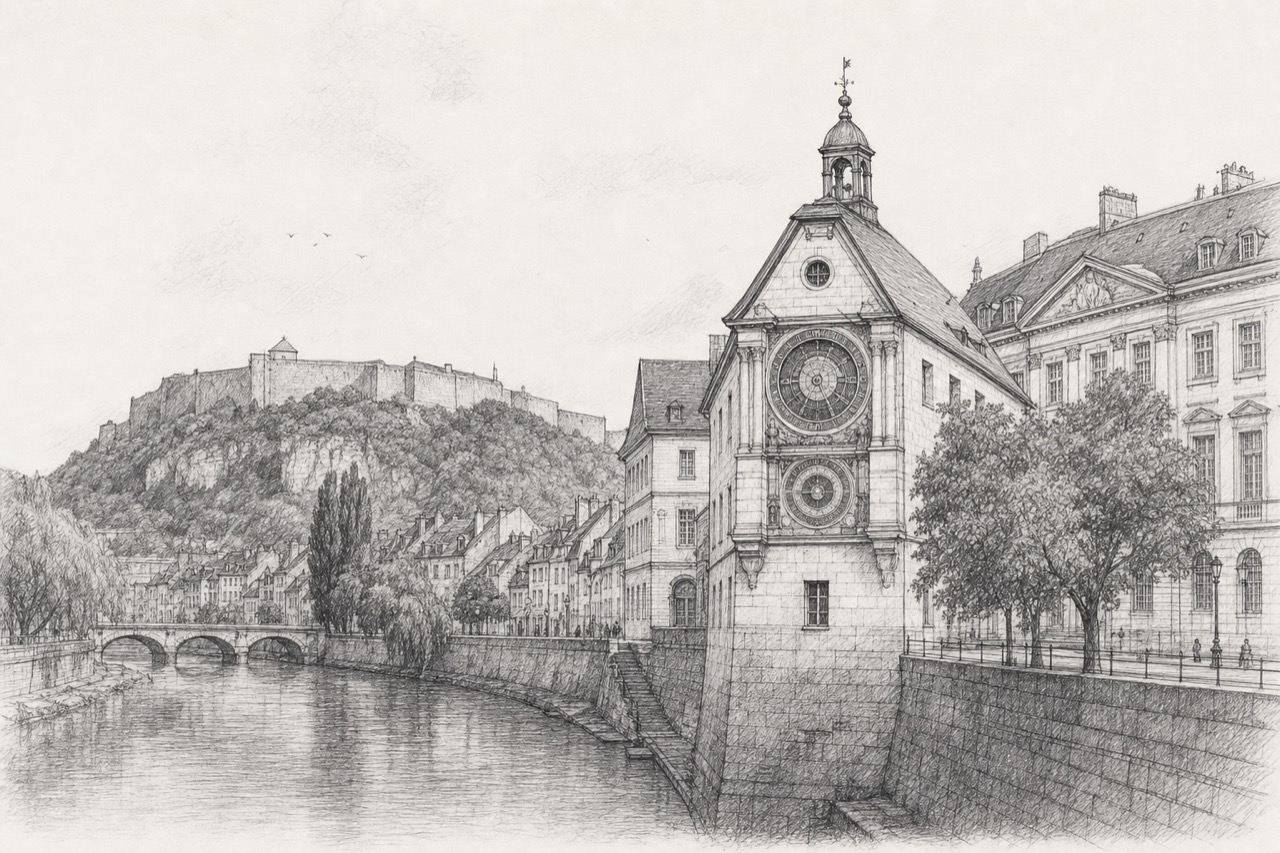 Hand-drawn pencil travel sketch for Besançon, France