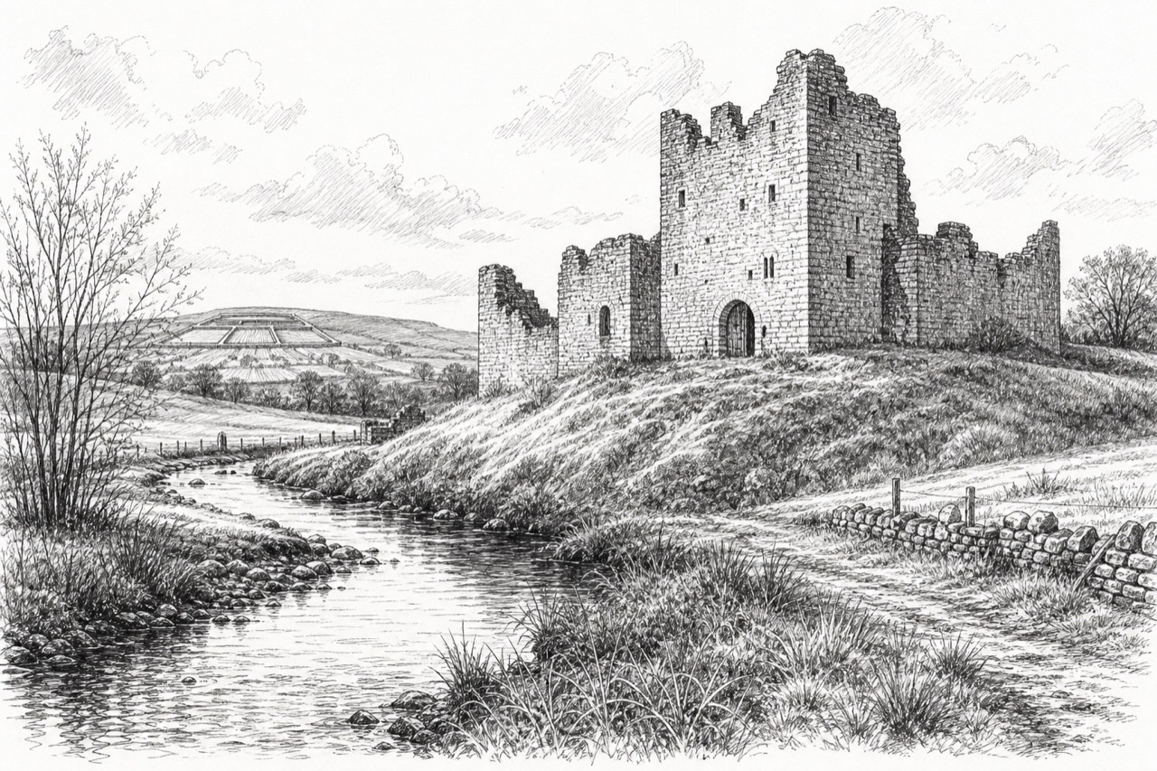 Hand-drawn pencil travel sketch for Bewcastle, United Kingdom