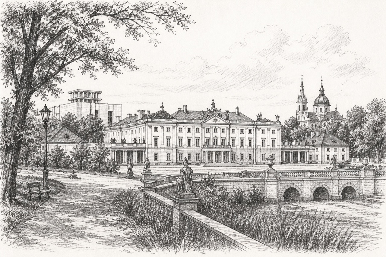 Hand-drawn pencil travel sketch for Białystok, Poland