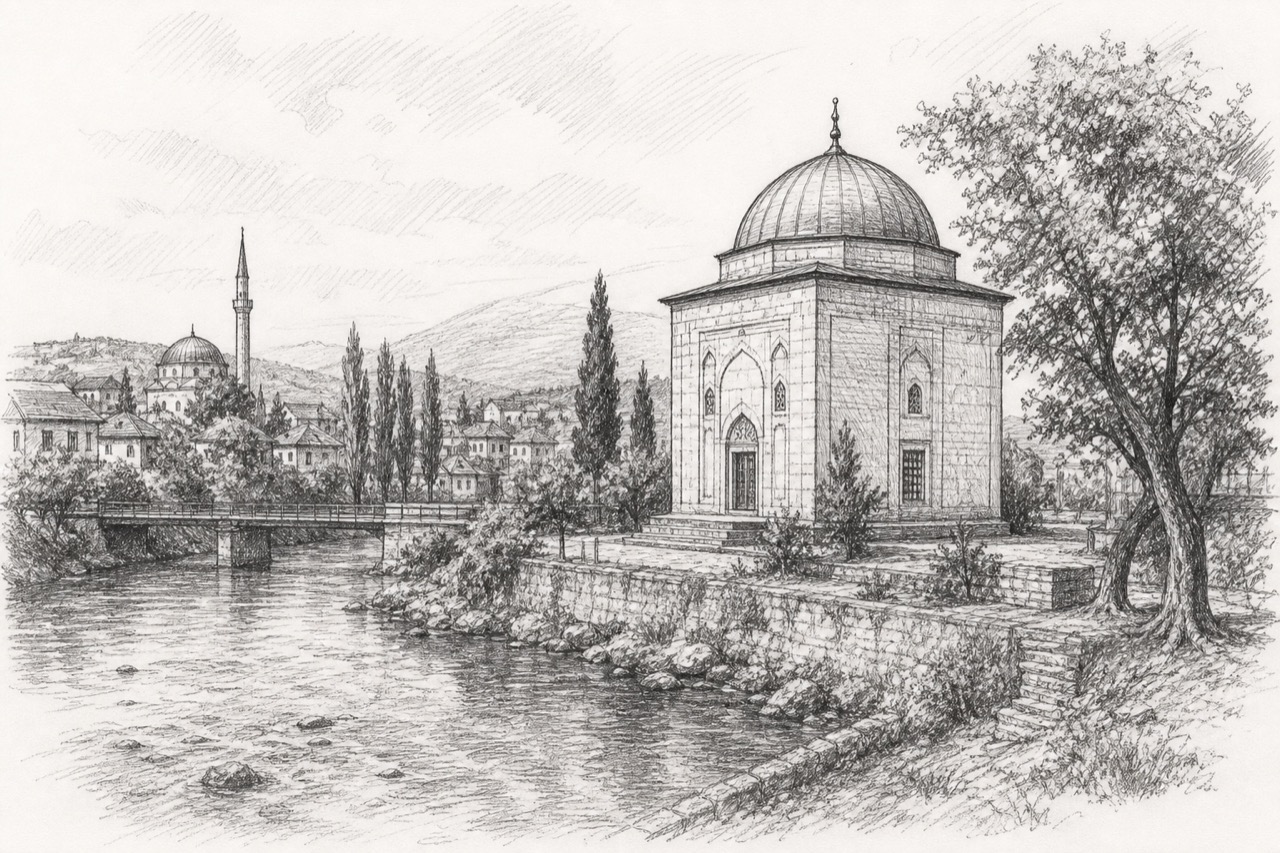 Hand-drawn pencil travel sketch for Bihać, Bosnia and Herzegovina