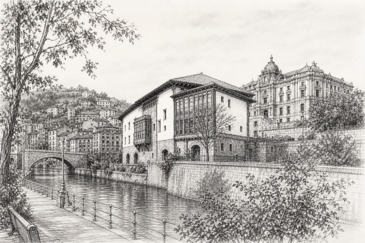 Hand-drawn pencil travel sketch for Bilbao, Spain