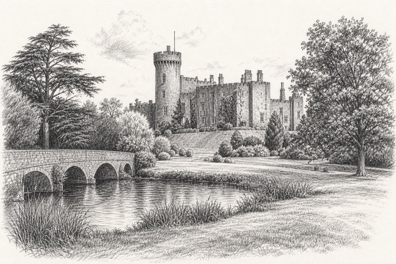 Hand-drawn pencil travel sketch for Birr, Ireland