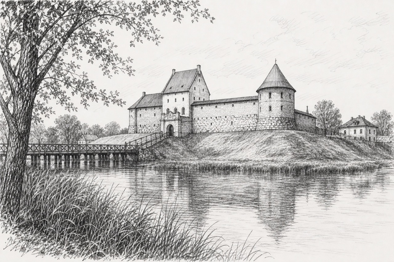 Hand-drawn pencil travel sketch for Biržai, Lithuania