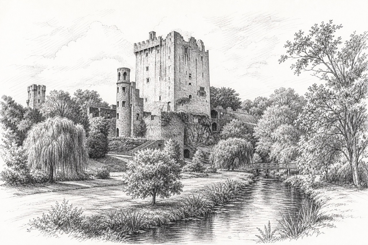 Hand-drawn pencil travel sketch for Blarney, Ireland