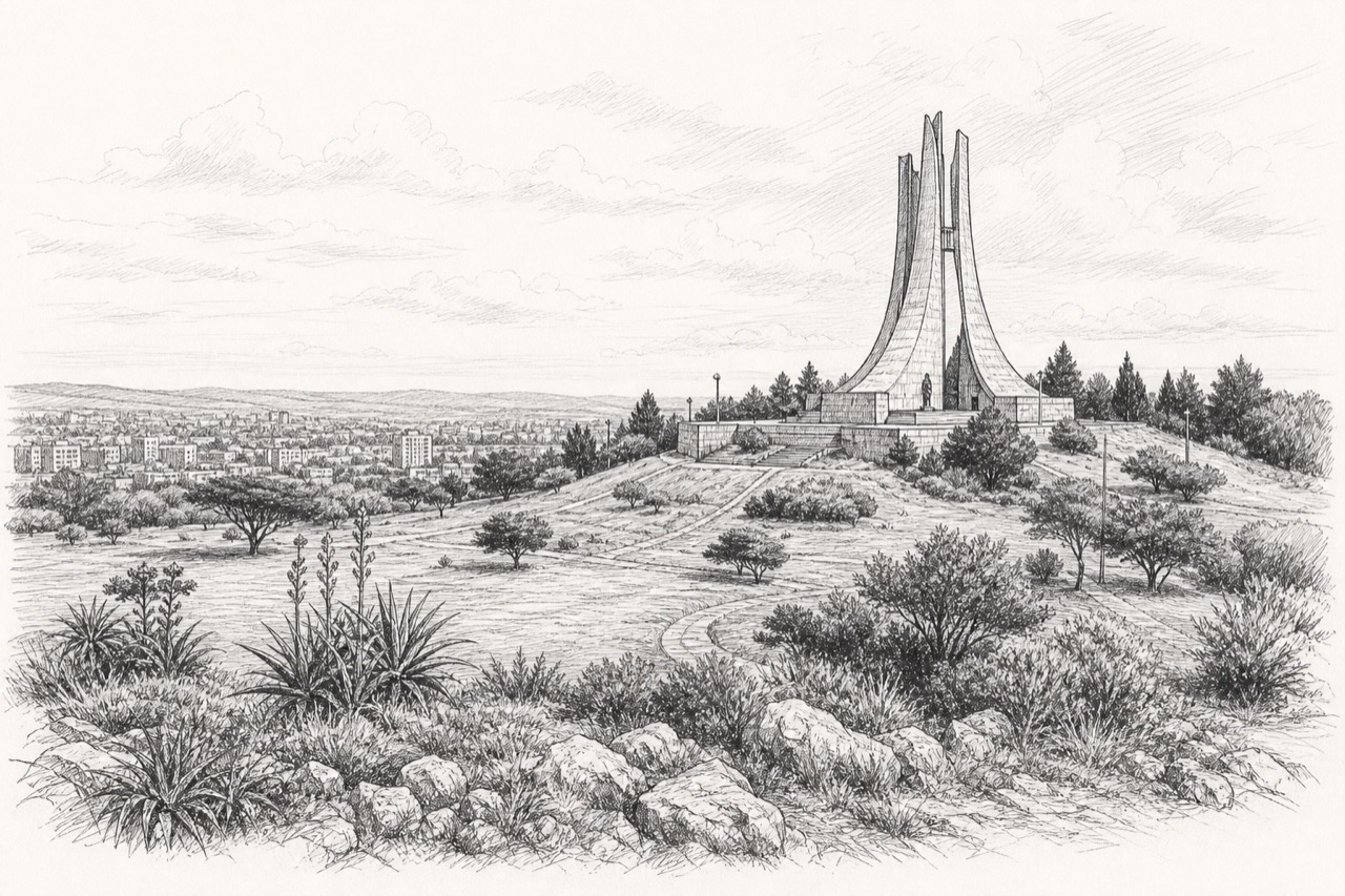 Hand-drawn pencil travel sketch for Bloemfontein, South Africa