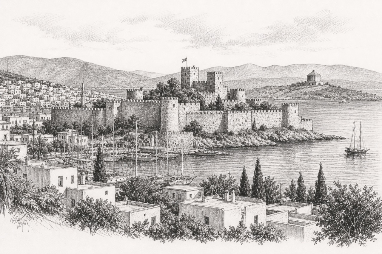 Hand-drawn pencil travel sketch for Bodrum, Turkey