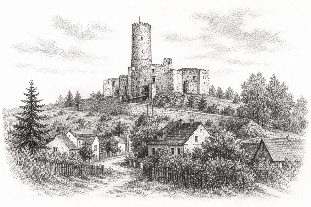 Hand-drawn pencil travel sketch for Bodzentyn, Poland