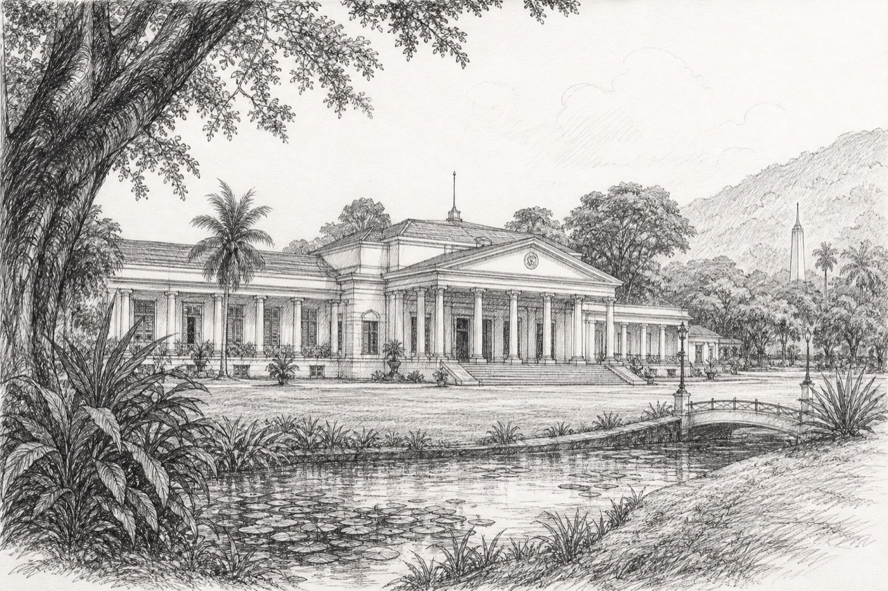 Hand-drawn pencil travel sketch for Bogor, Indonesia