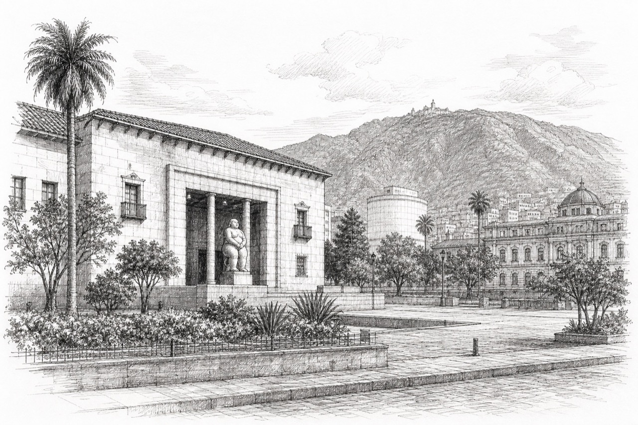 Hand-drawn pencil travel sketch for Bogotá, Colombia