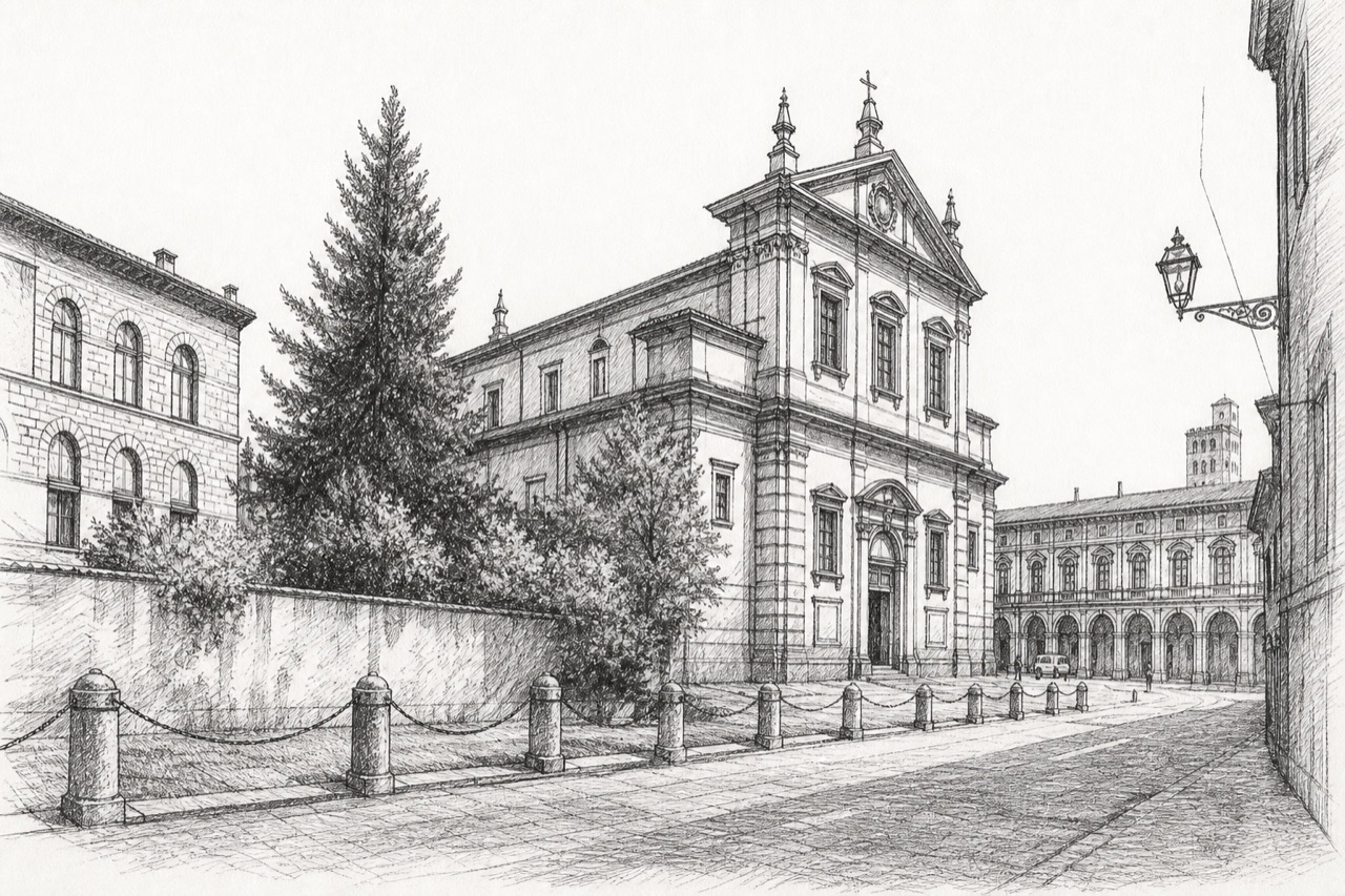 Hand-drawn pencil travel sketch for Bologna, Italy