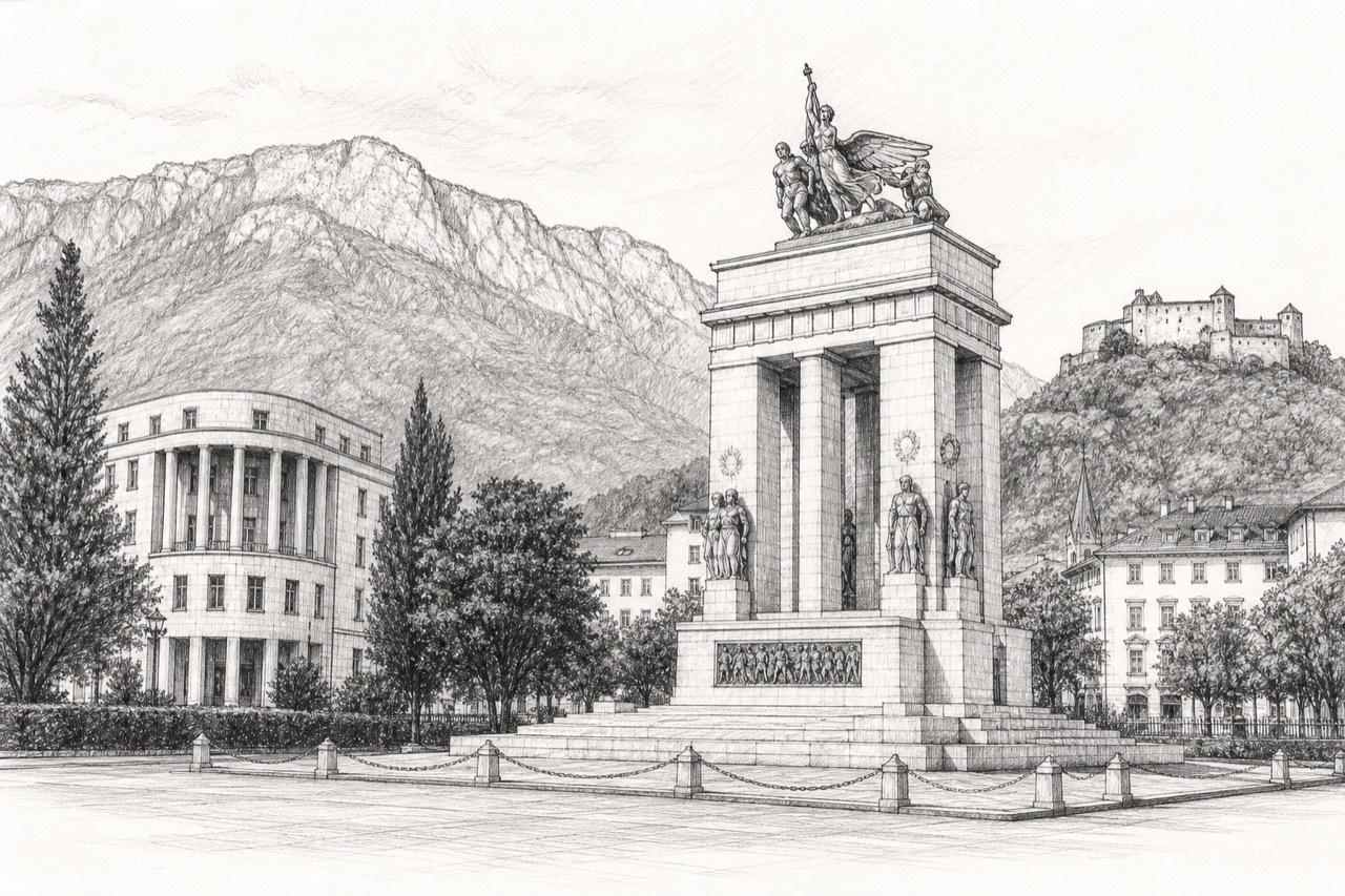 Hand-drawn pencil travel sketch for Bolzano, Italy