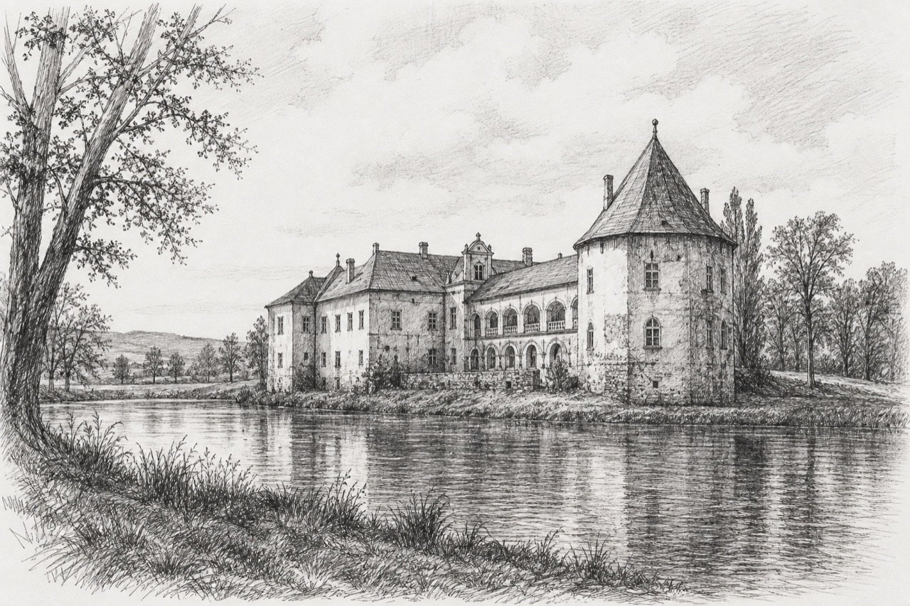 Hand-drawn pencil travel sketch for Bonțida, Romania