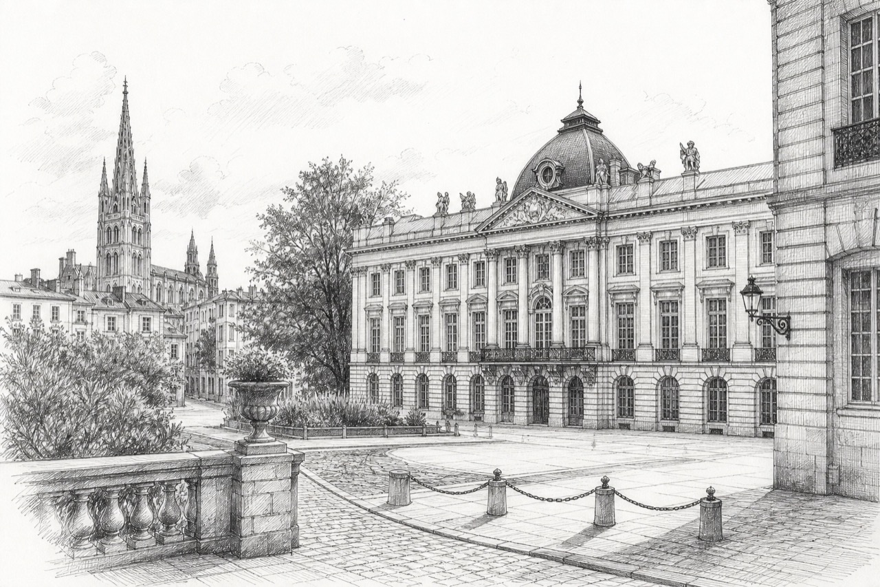 Hand-drawn pencil travel sketch for Bordeaux, France
