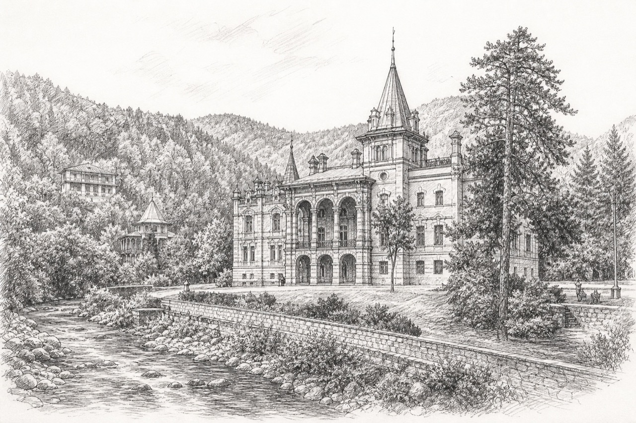 Hand-drawn pencil travel sketch for Borjomi, Georgia