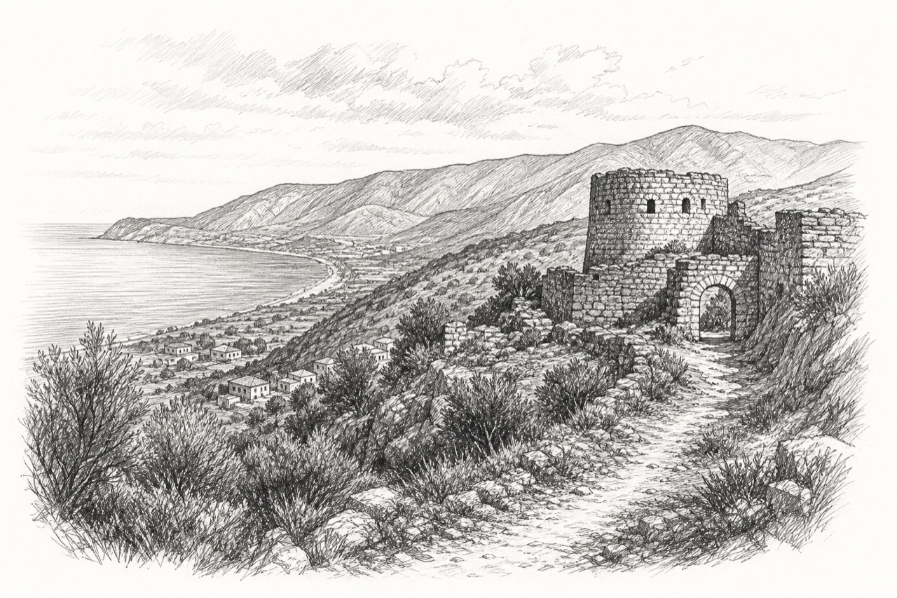 Hand-drawn pencil travel sketch for Borsh, Albania