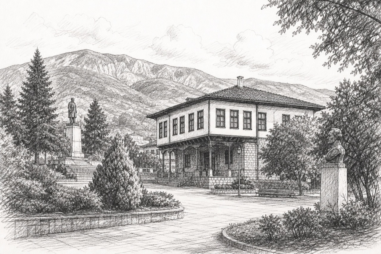 Hand-drawn pencil travel sketch for Botevgrad, Bulgaria