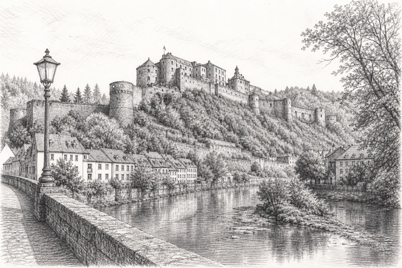 Hand-drawn pencil travel sketch for Bouillon, Belgium