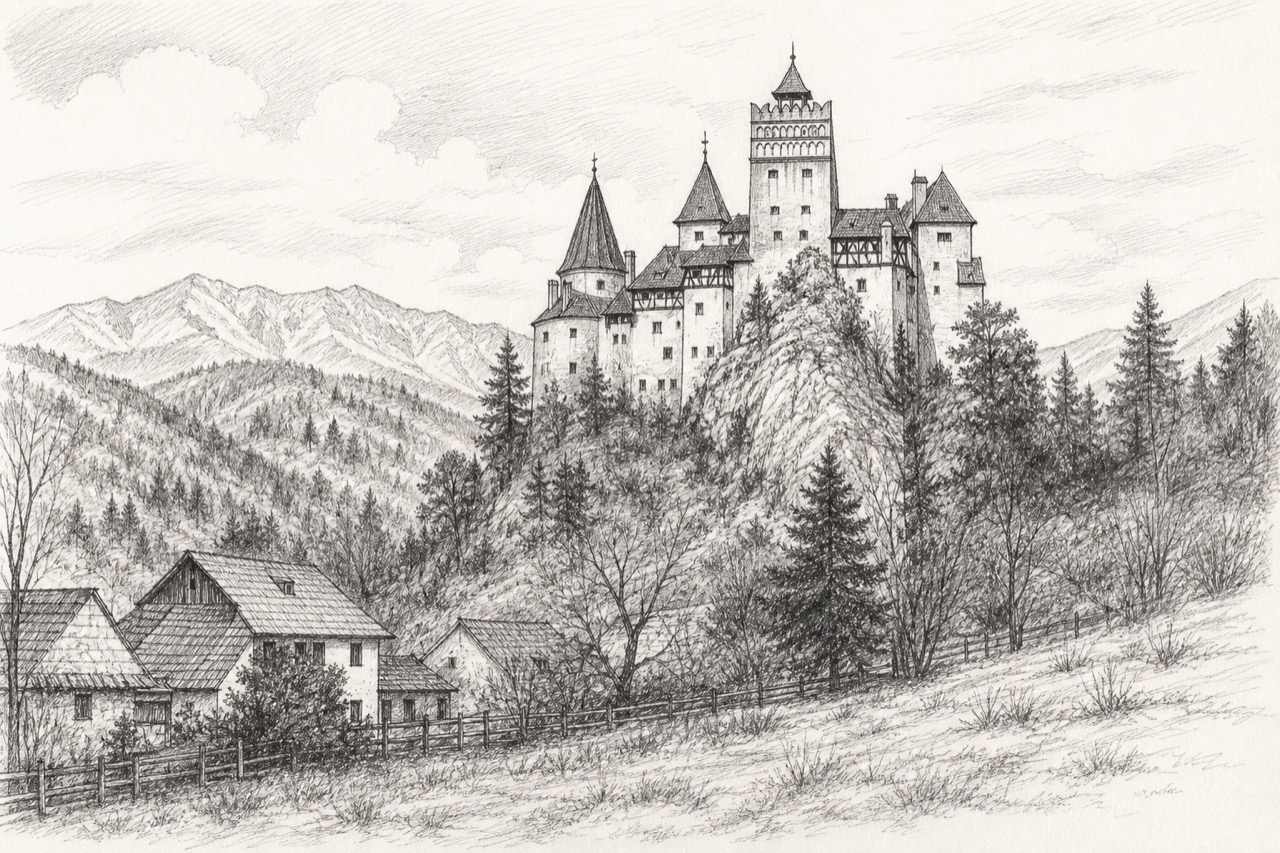 Hand-drawn pencil travel sketch for Bran, Romania