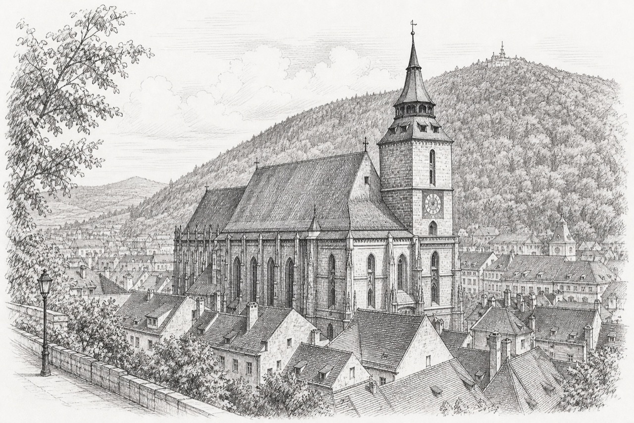 Hand-drawn pencil travel sketch for Brașov, Romania